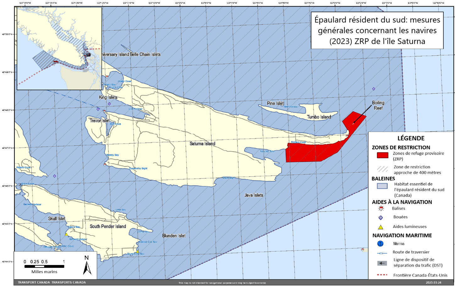 Carte rectangulaire grise, 
                     bleue et jaune. L'ile Saturna, est une zone de refuge provisoire, 
                     est illustrée en rouge. Ceci fait partie des mesures générales 
                     concernant les navires dans le dossier des épaulards résidents du sud.