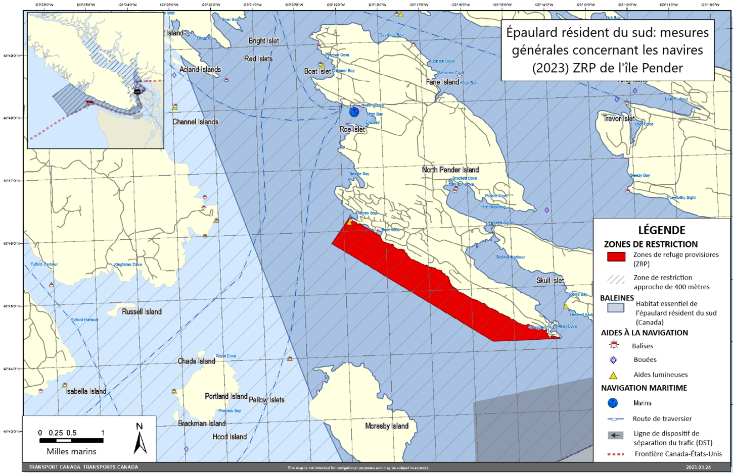 Carte rectangulaire grise, bleue et jaune. L'ile Pender, 
                     qui est une zone de refuge provisoire, est illustrée en rouge. 
                     Ceci fait partie des mesures générales concernant les navires 
                     dans le dossier des épaulards résidents du sud.