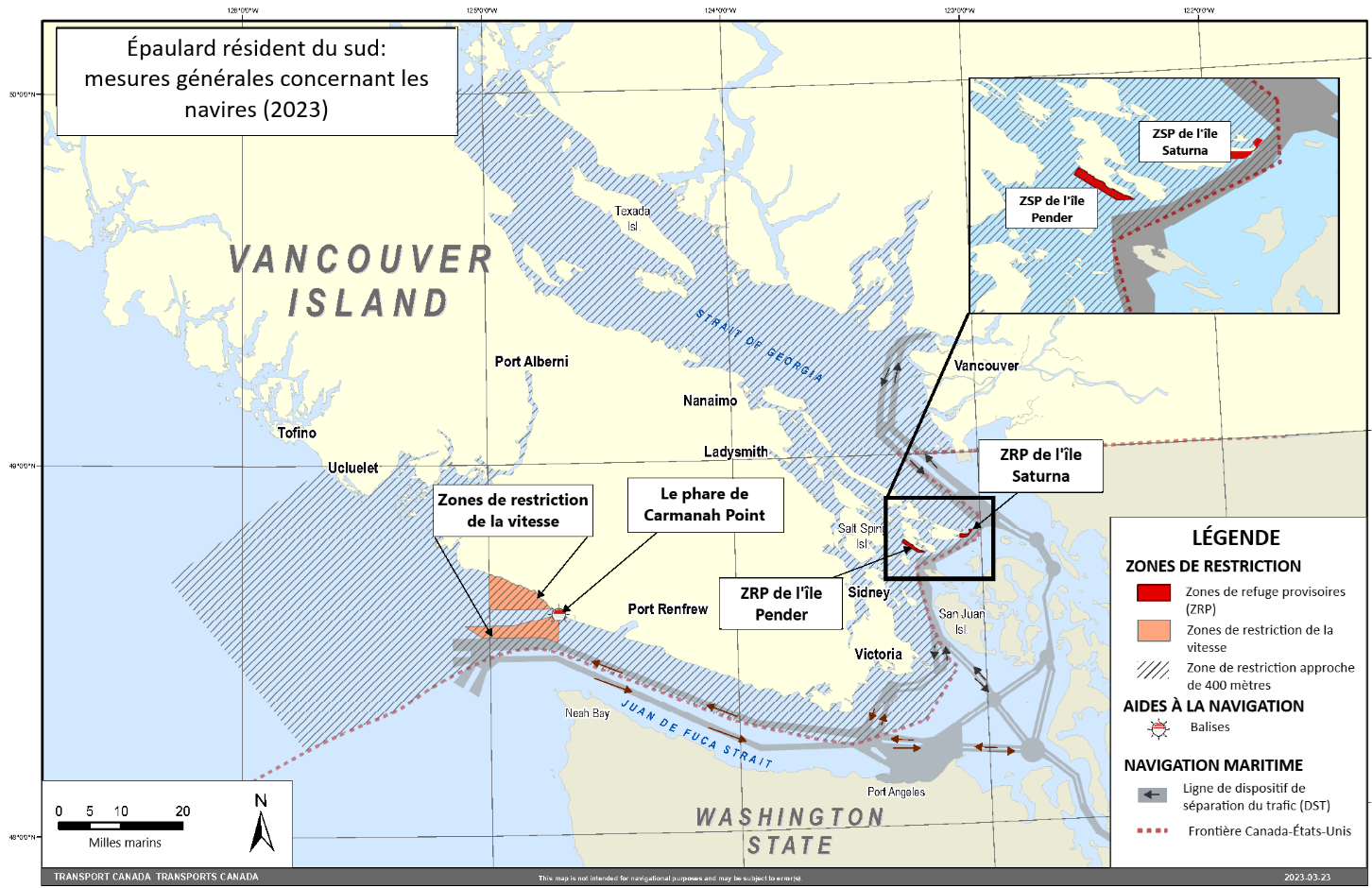 Carte rectangulaire de couleur grise, jaune et bleue
                     illustrant les mesures générales relatives aux navires pour
                     l'épaulard résident du sud dans les régions de l'Ile de 
                     Vancouver et l'État de Washington.