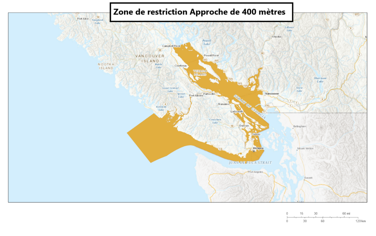 Carte rectangulaire
                     illustrant la zone de restriction d'approche de 400 
                     mètres en jaune foncé, pour les épaulards résidents du 
                     nord et du sud. 