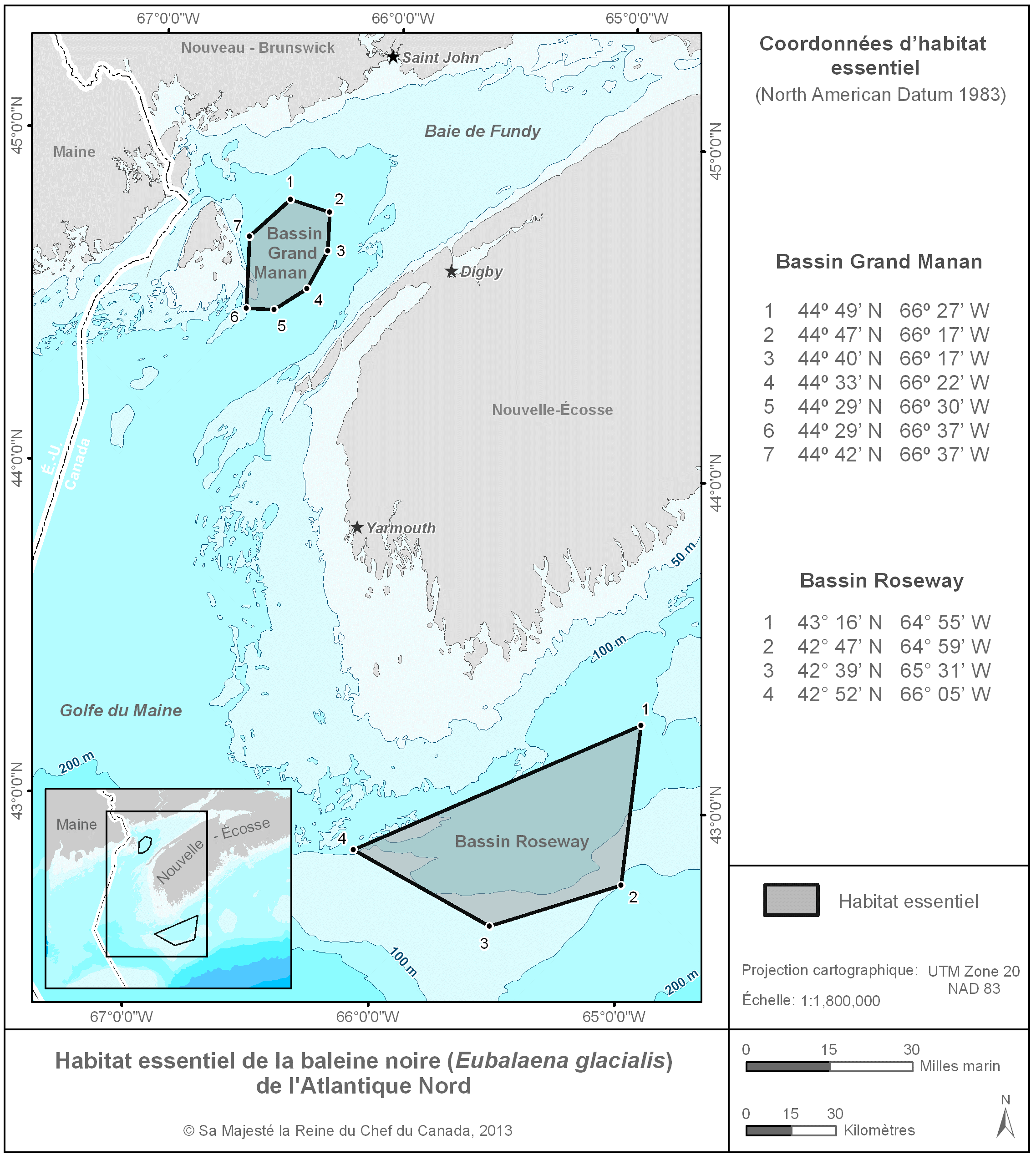 Carte rectangulaire
                     bleue et grise illustrant l'habitat essentiel de la baleine
                     noire de l'Atlantique Nord, avec les coordonnées du Bassin
                     Grand Manan et du Bassin Roseway.