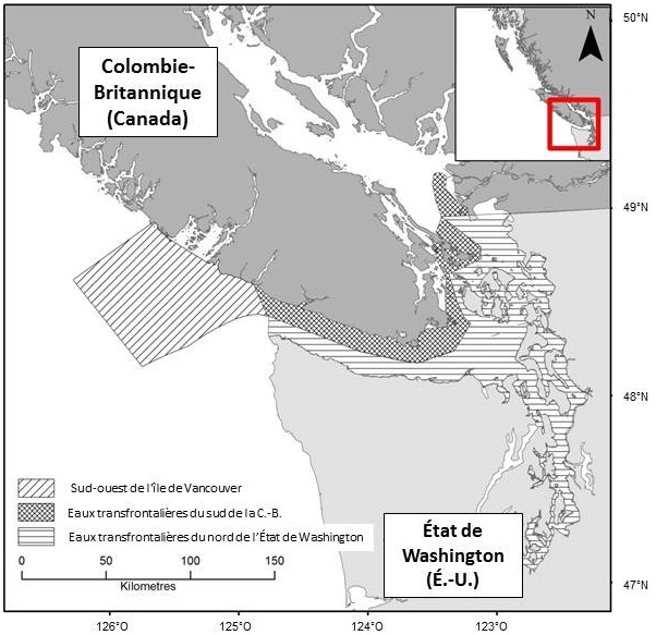 Carte rectangulaire
                     grise, blanche et rouge illustrant l'habitat essentiel de
                     l'épaulard résident du sud, en Colombie-Britannique au Canada
                     et dans l'état de Washington aux États-Unis.