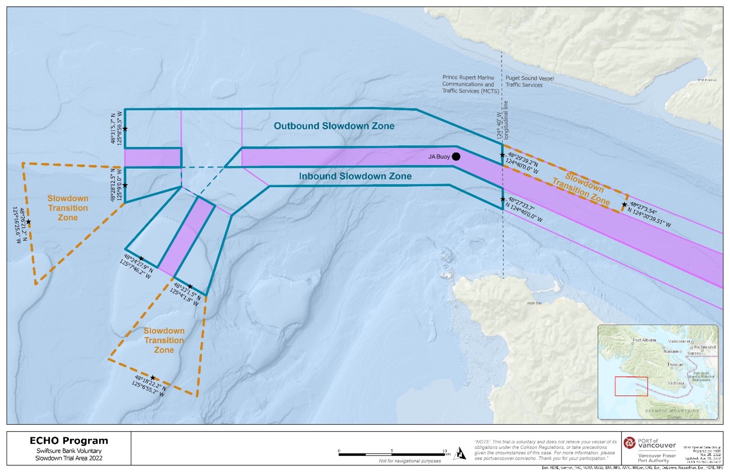Rectangular map in blue, orange and purple, showing the Switfsure Bank voluntary slowdown trial zone, as part of the general vessel measures for the Southern Resident Killer Whales. 