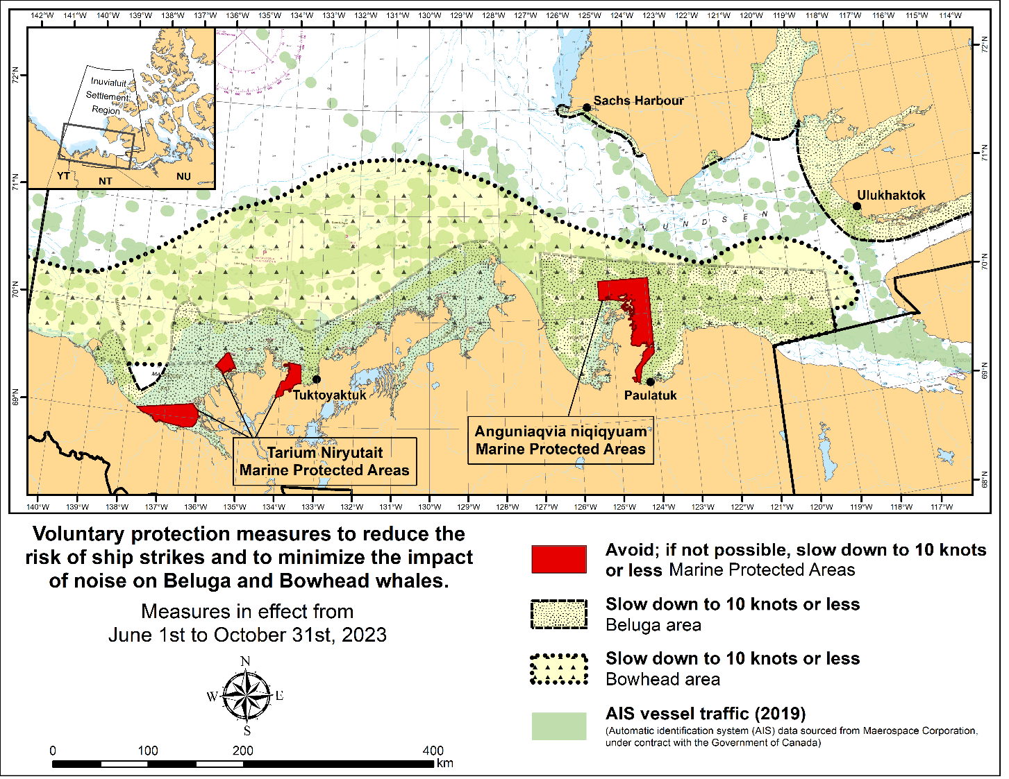Map of the voluntary protection measures to reduce the risk of ship strikes and to minimize the impact of noise on beluga and bowhead whales. The map features the Tarium Niryutait Marine Protected Areas and the Anguniaqvia niqiqyuam Marine Protected Areas.