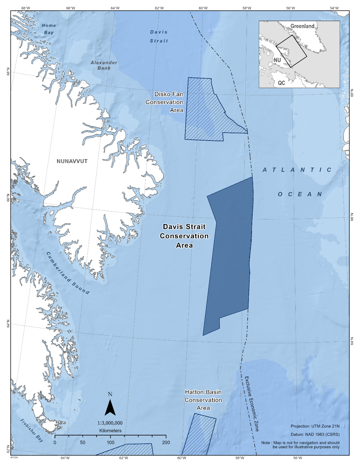 Map of the Davis Strait Conservation Area in dark blue. The map also features other marine refuges nearby with dark blue diagonal lines (Disko Fan Conservation Area & Hatton Basin Conservation Area). 