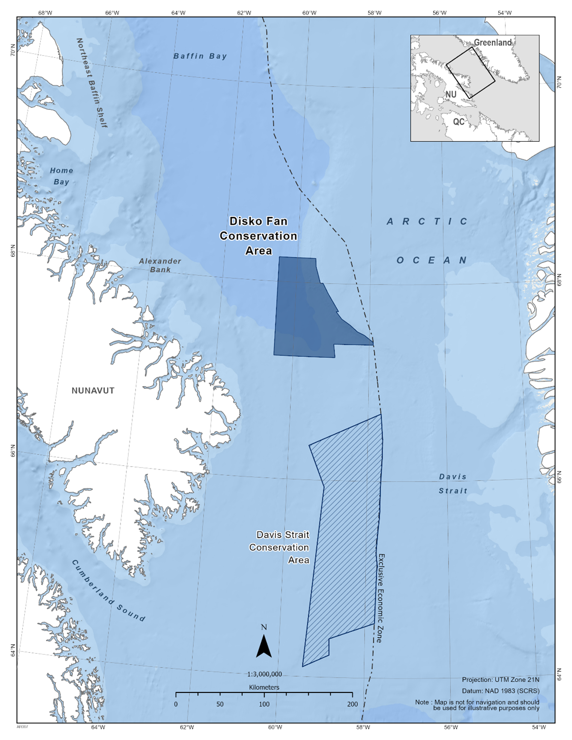 Map of the Disko Fan Conservation Area in dark blue. The map also features other marine refuges nearby with dark blue diagonal lines (Davis Strait Conservation Area). 