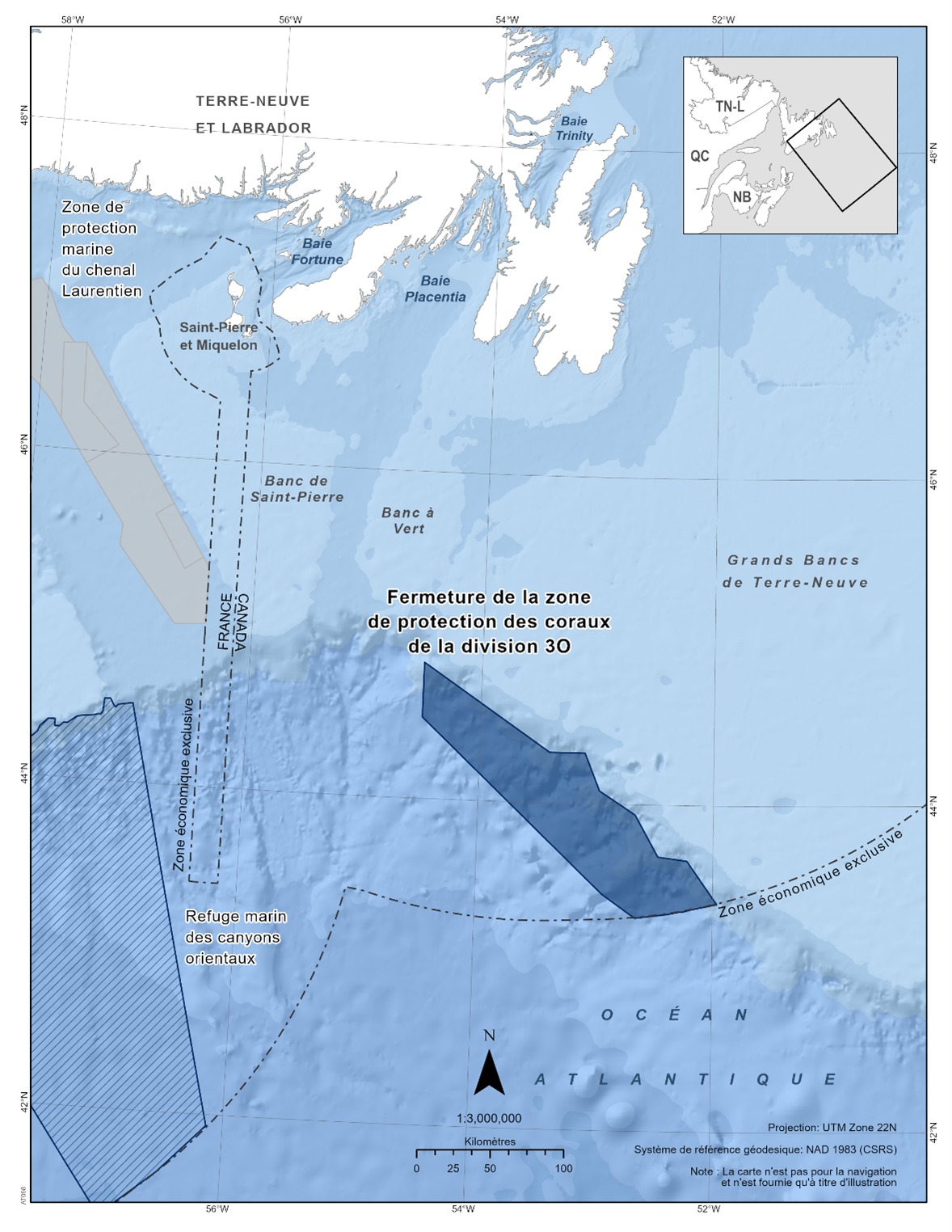 Carte de la fermeture de la zone de protection des coraux de la division 3O en bleu foncé. La carte inclut également les autres refuges marins de la zone avec des lignes diagonales bleu foncé (le refuge marin des canyons orientaux).