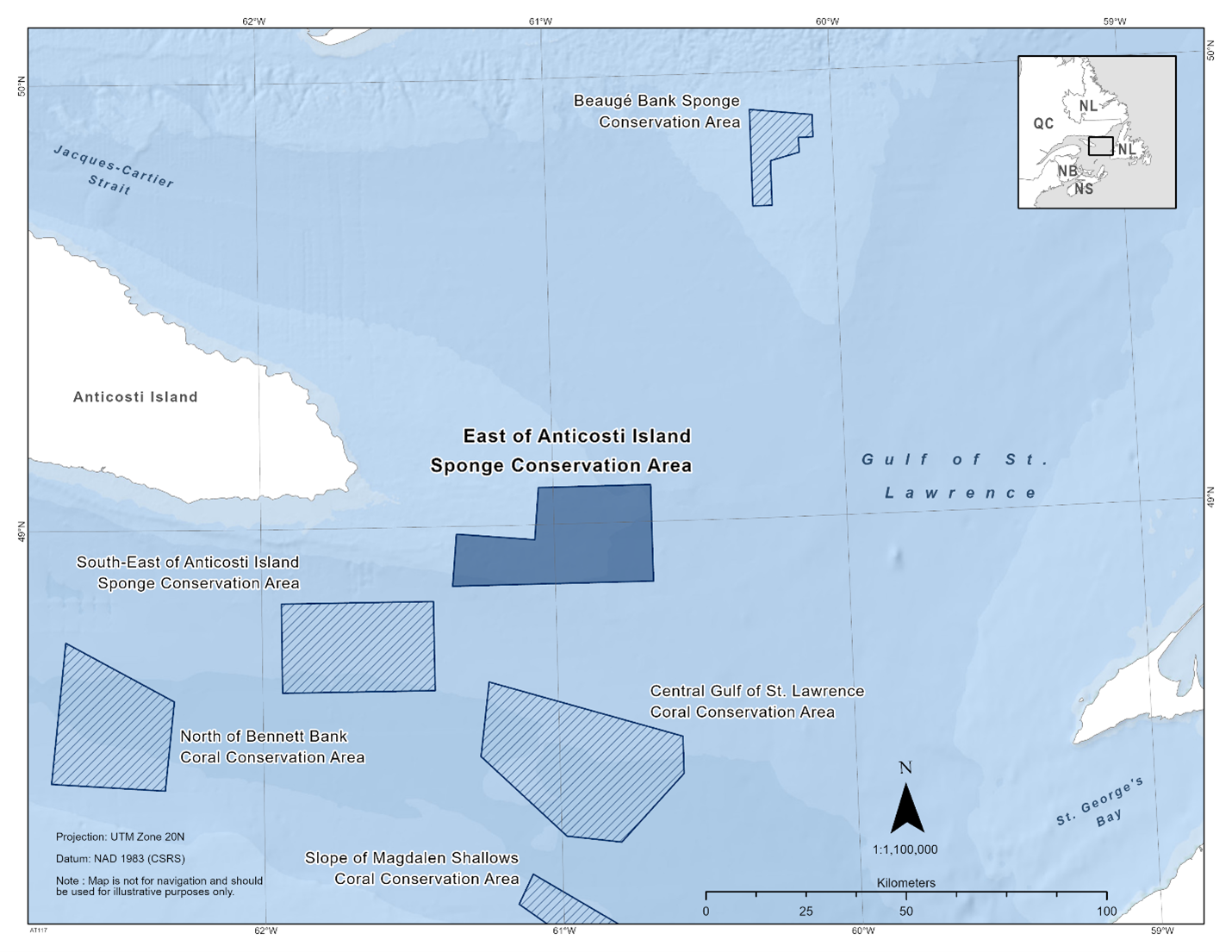 Map of the East of Anticosti Island Sponge Conservation Area in dark blue. The map also features the other marine refuges nearby with dark blue diagonal lines across (Beaugé Bank Sponge Conservation Area, South-East of Anticosti Island Sponge Conservation Area, North of Bennett Bank Coral Conservation Area, Slope of Magdalen Shallows Coral Conservation Area, and the Central Gulf of St. Lawrence Coral Conservation Area).