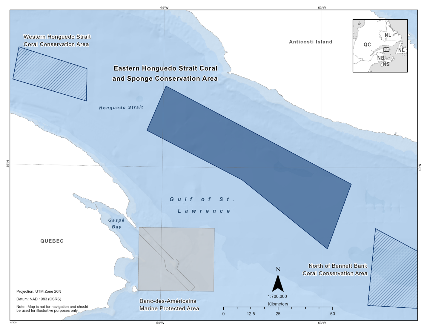 Map of the Eastern Honguedo Strait Coral and Sponge Conservation Area depicted in dark blue. The map also features nearby marine refuges with dark blue diagonal lines (Western Honguedo Strait Coral Conservation Area & North of Bennett Bank Coral Conservation Area)