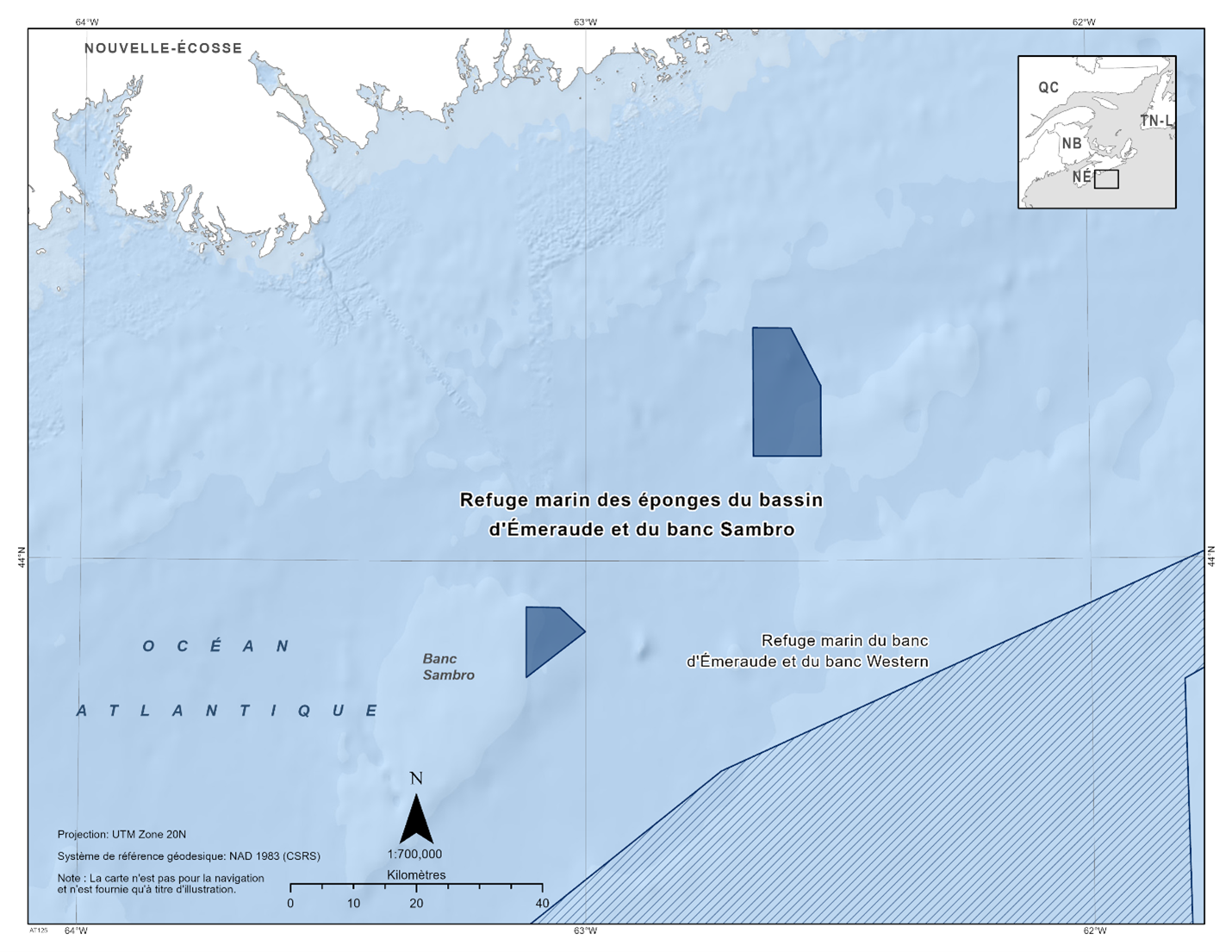 Carte du refuge marin des éponges du bassin d'Emeraude et du banc Sambro en bleu foncé. La carte présente également d'autres refuges marins situés à proximité avec des lignes diagonales bleu foncé (Western et Emerald Banks Marine Refuge).