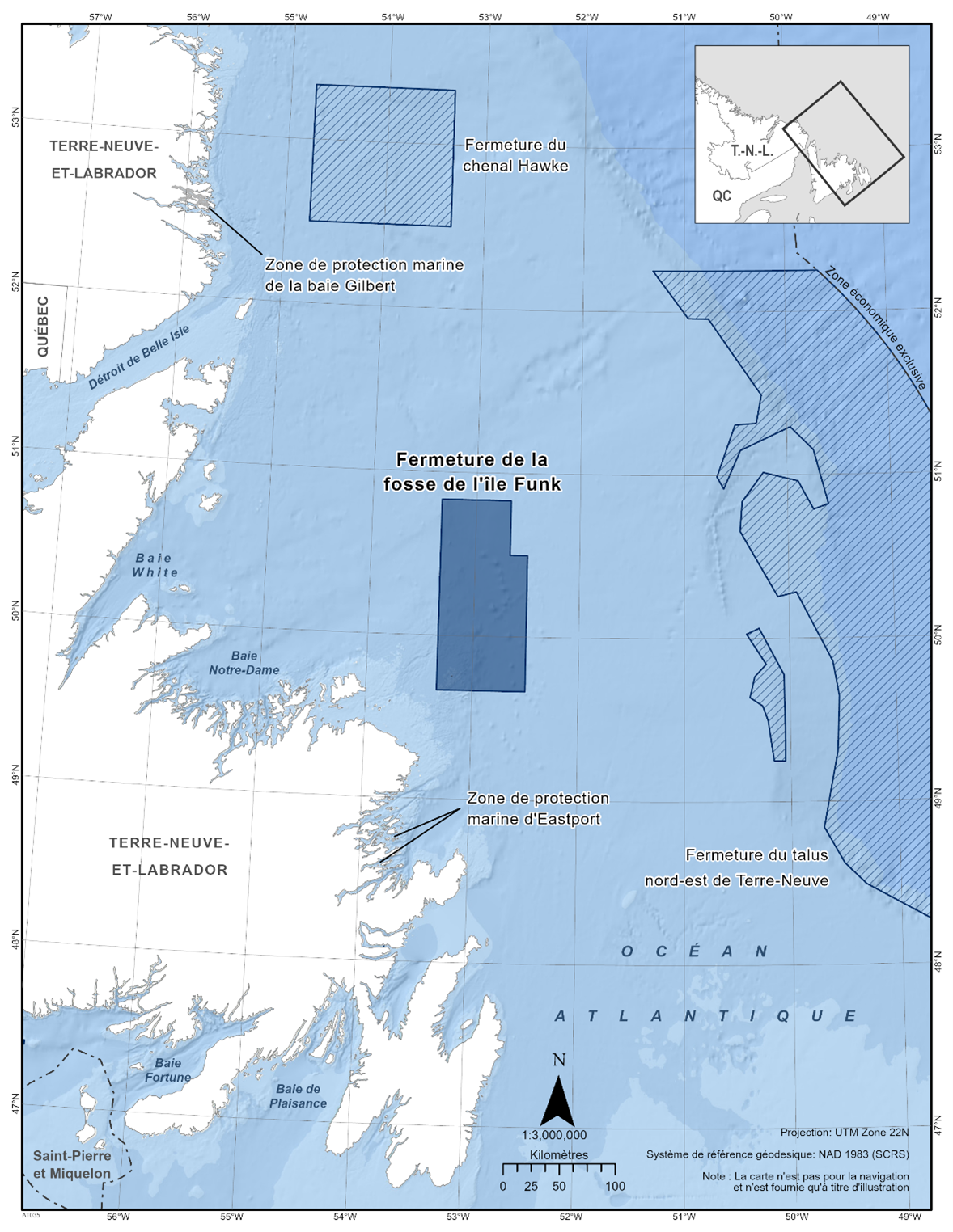 Carte de la fermeture de la fosse de l'île Funk en bleu foncé. La carte montre également d'autres refuges marins à proximité avec des lignes diagonales bleu foncé (fermeture du chenal Hawke & fermeture de la pente nord-est de Terre-Neuve).