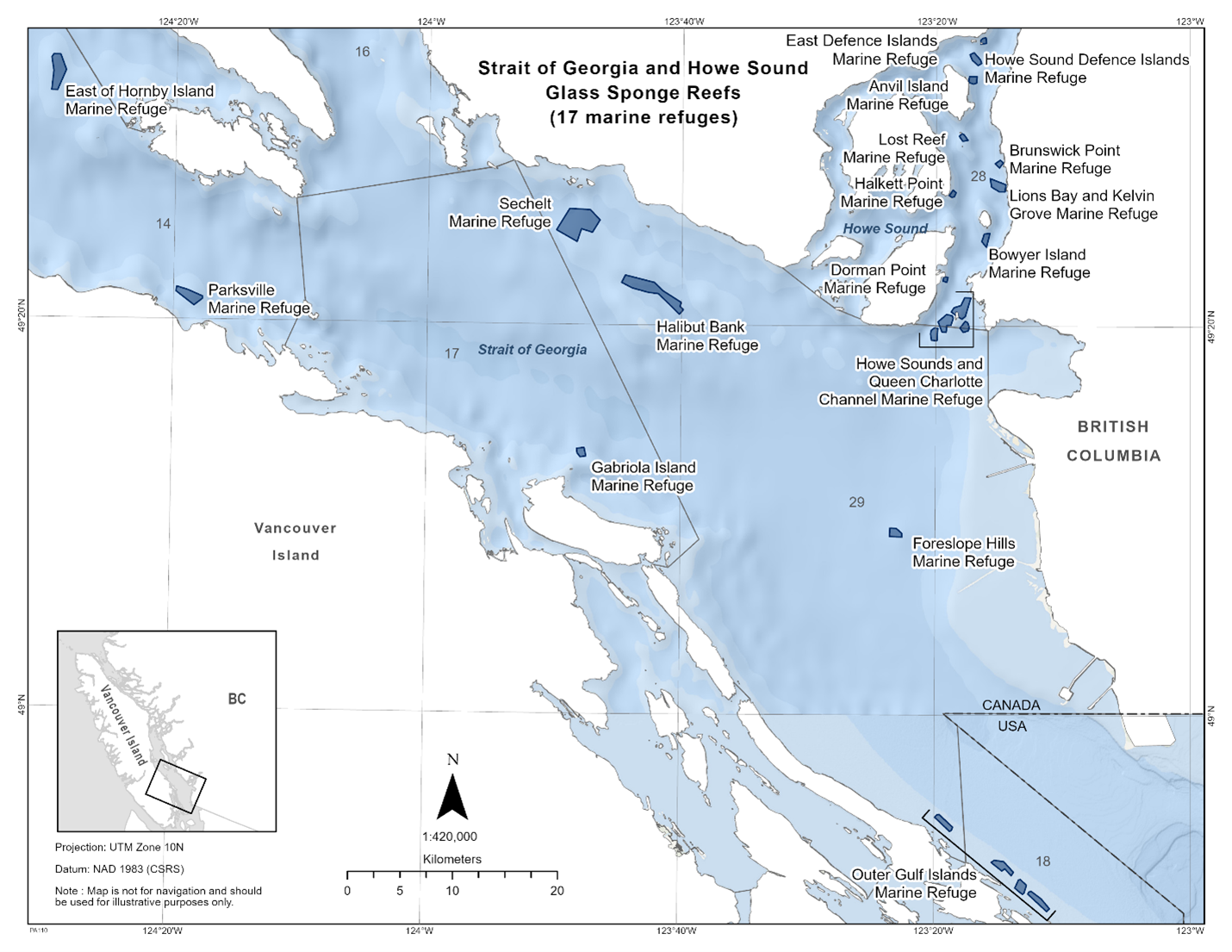 Map of the Strait of Georgia and Howe Sound Glass Sponge Reef in dark blue. 
