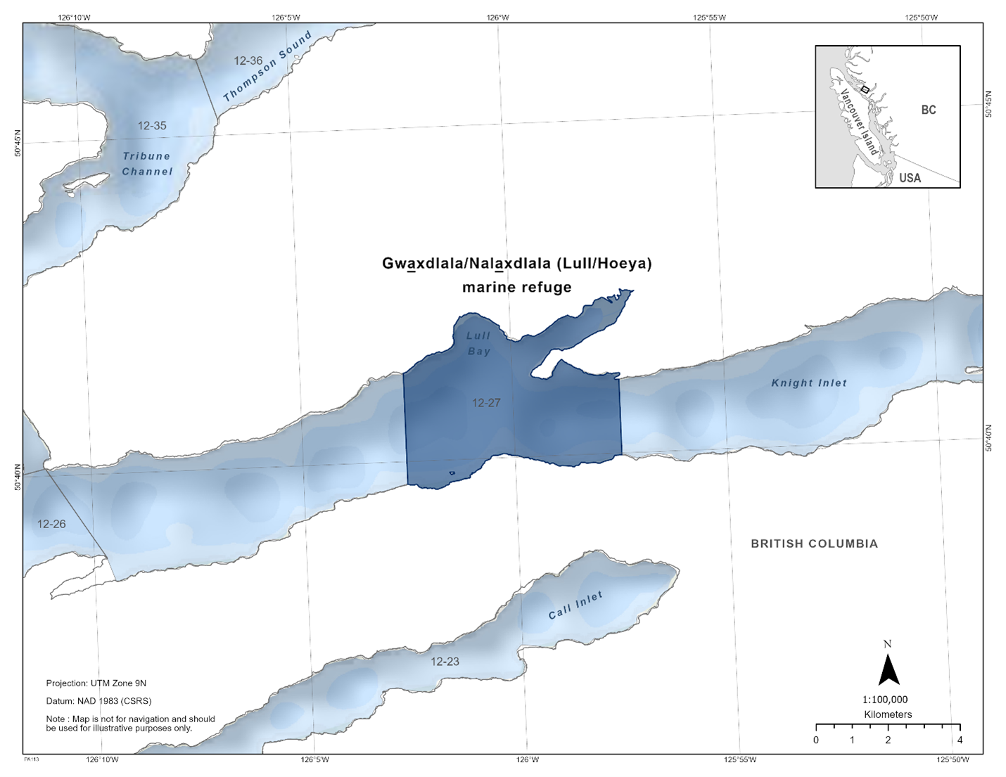 Map of the Gwaxdlala/Nalaxdlala (Lull/Hoeya) marine refuge in dark blue. 