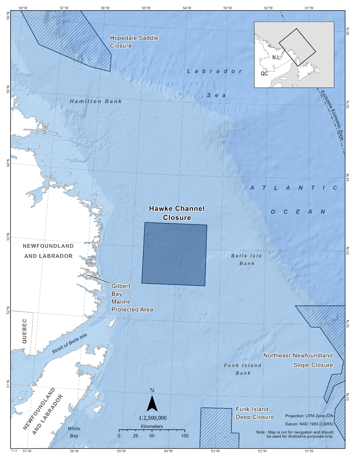 Map of the Hawke Channel Closure in dark blue. The map also includes the other marine refuges nearby with dark blue diagonal lines (Hopedale Saddle Closure, Funk Island Deep Closure, Northeast Newfoundland Slope Closure). 