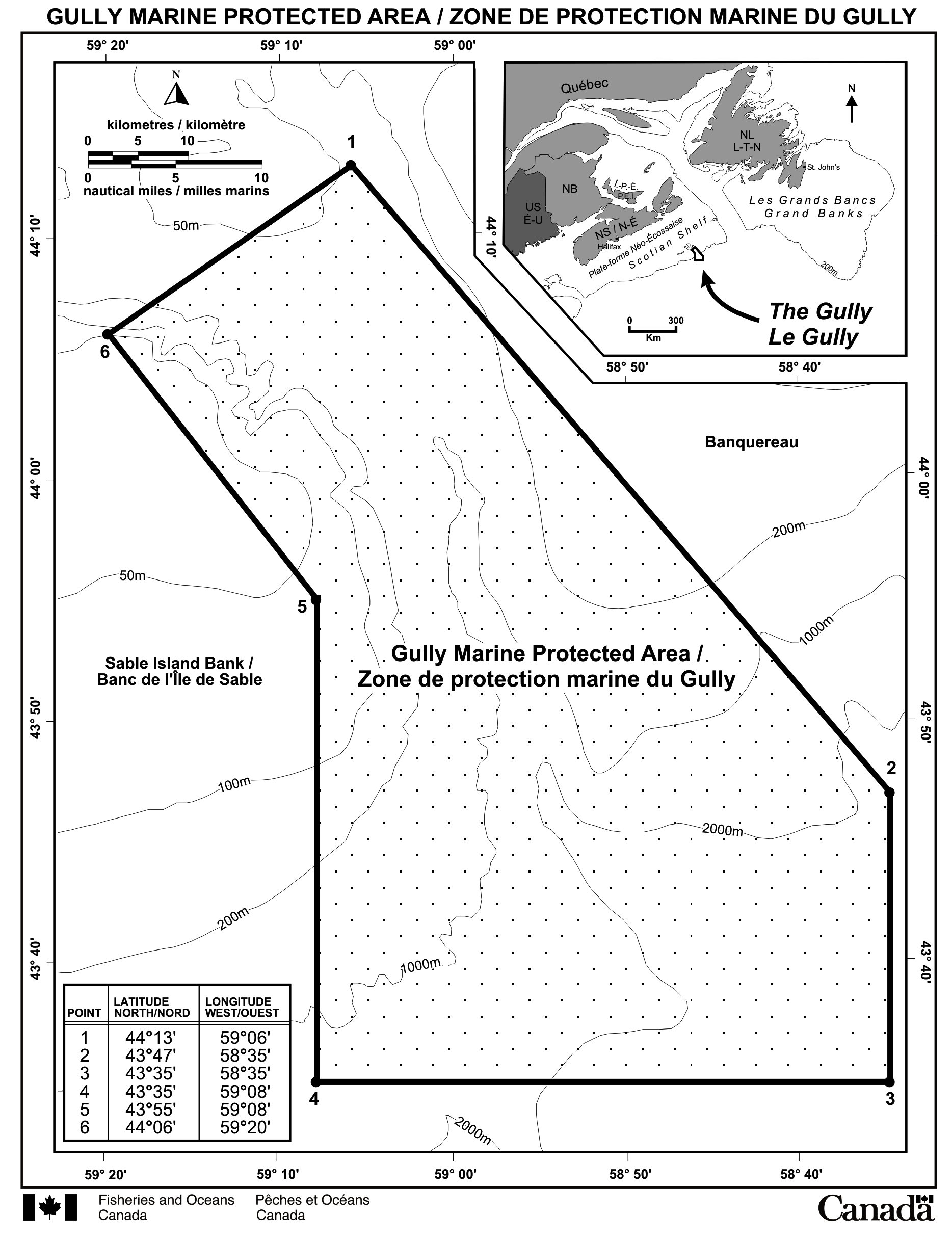 Map of the Gully Marine Protected Area, with the site filled 
             with light grey dots. The coordinates of the marine protected area
             can be found on the bottom left corner. 