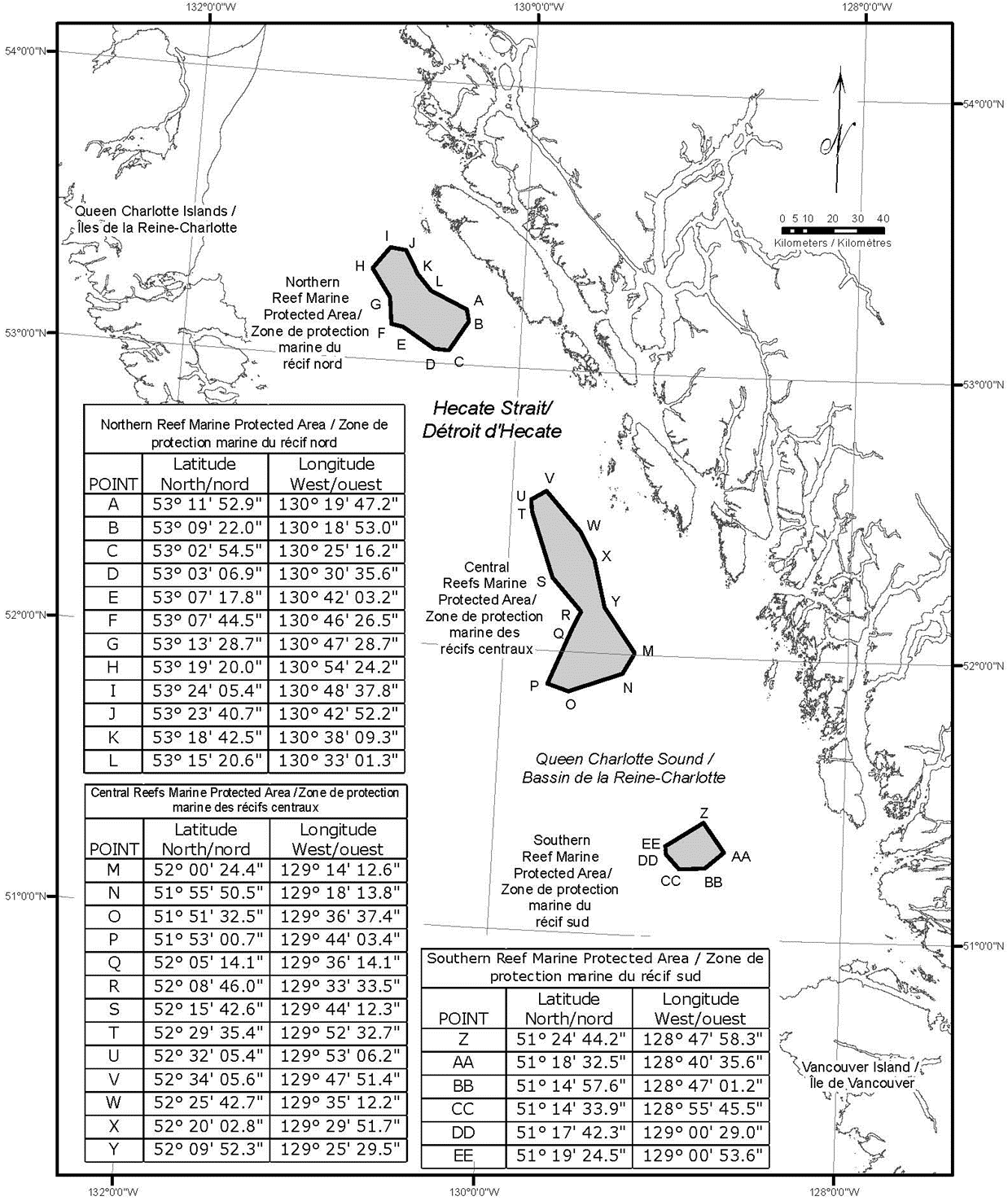 Map of the Hecate Strait and Queen Charlotte Sound Glass Sponge Reefs Marine Protected Area. The coordinates of the marine protected area can be found on the left side. 