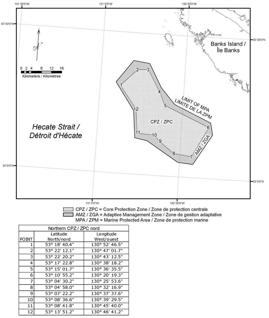 Map of the Northern Reef Marine Protected Area, depicting the core protection zone, adaptive management zone, and marine protected area in various shades of grey. The coordinates can be found on the bottom left corner.