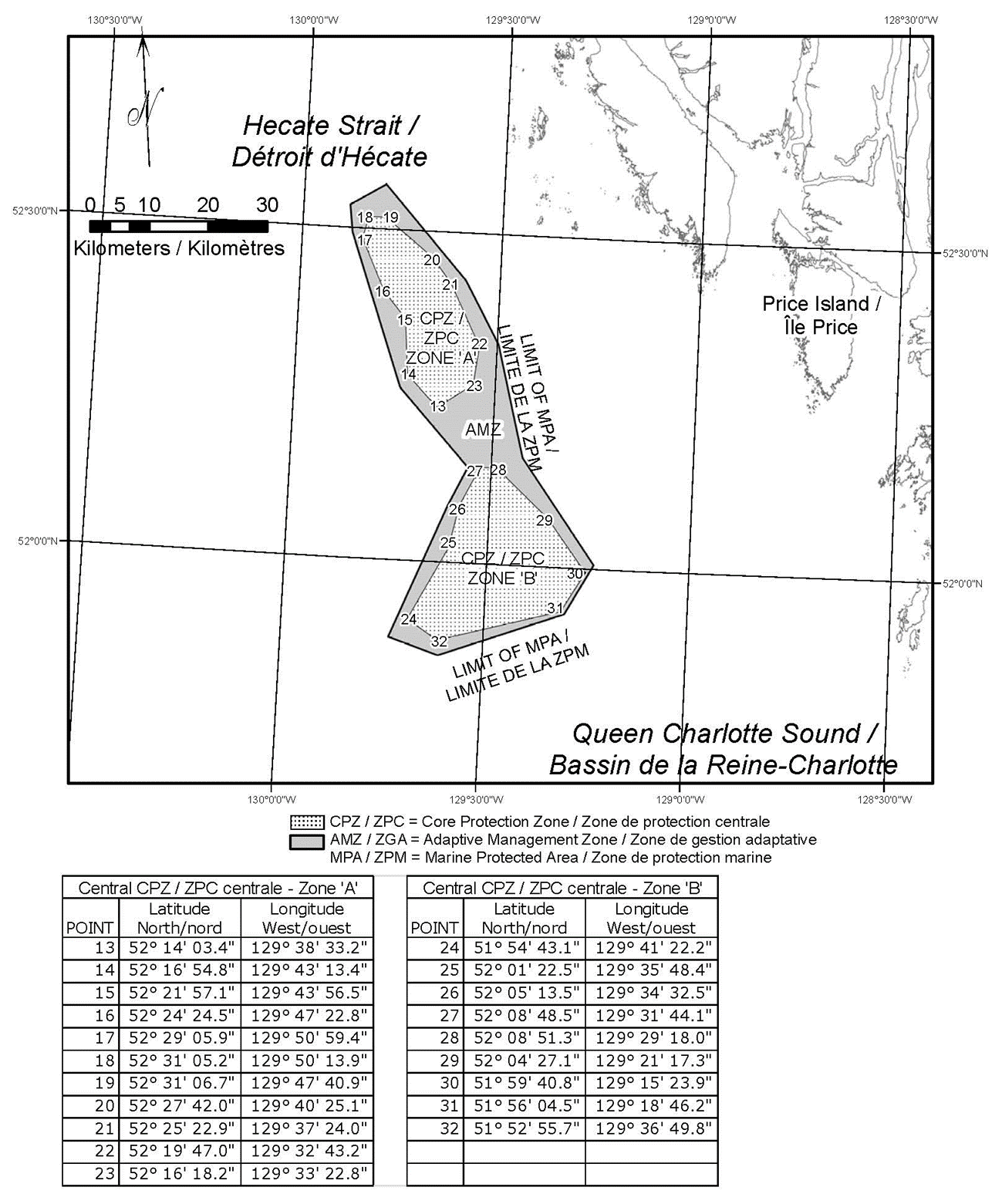 Map of the Central Reefs Marine Protected Area, depicting the core protection zone, adaptive management zone, and marine protected area in various shades of grey. The coordinates can be found on the bottom left corner.