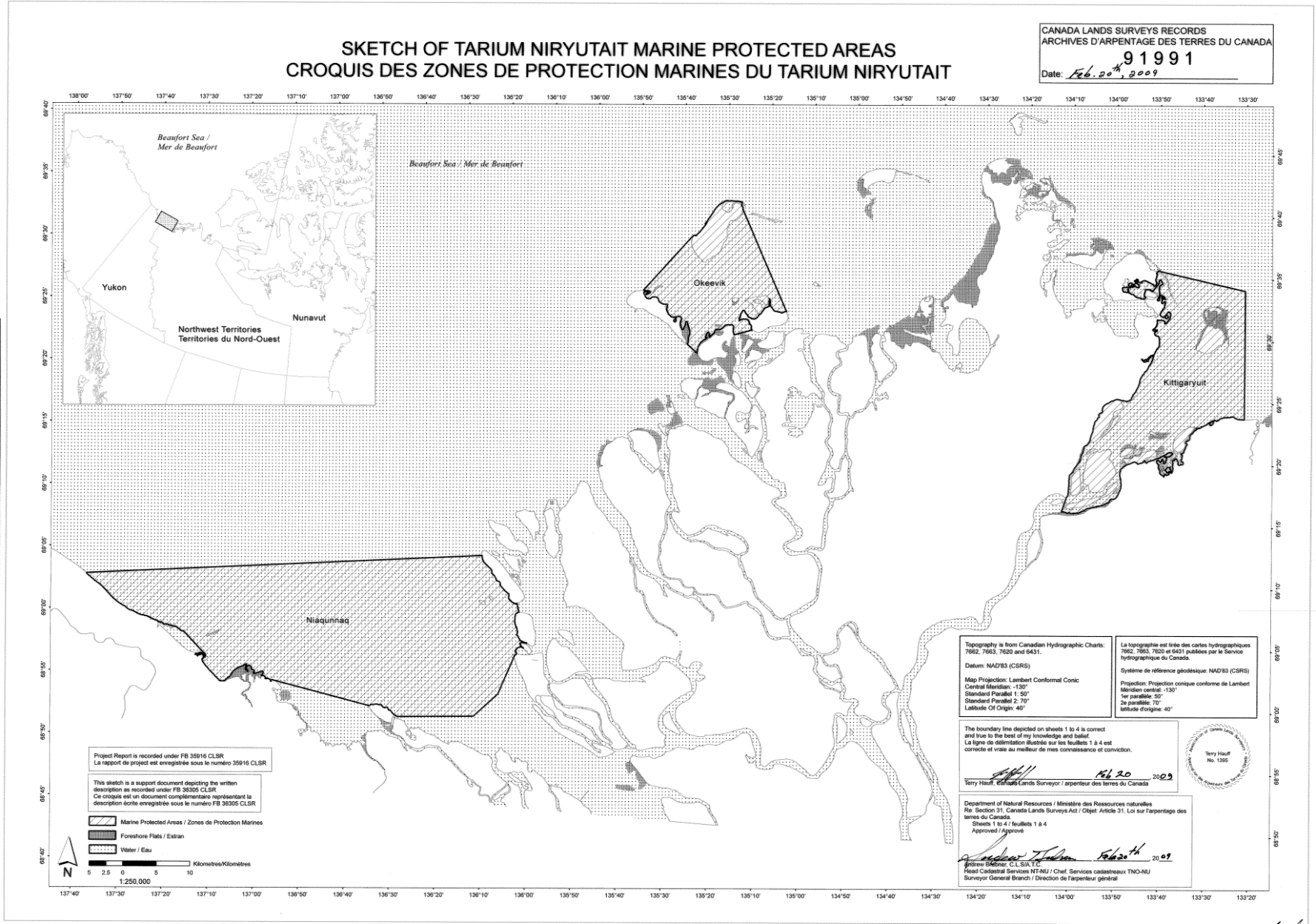 Carte des zones marines protégées de Tarium Niryutait. Les zones marines protégées sont représentées par des cercles gris clair et des lignes diagonales.