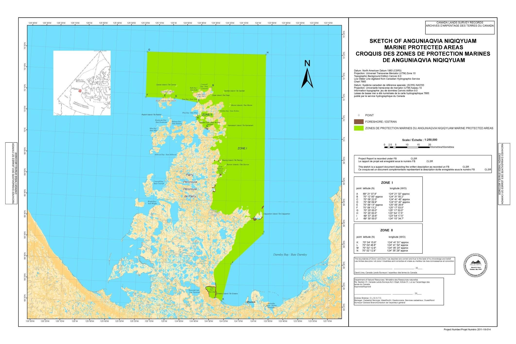 Map of the Anguniaqvia Niqiqyuam Marine Protected Area, depicted in light green. The coordinates of the marine protected area are on the right side.