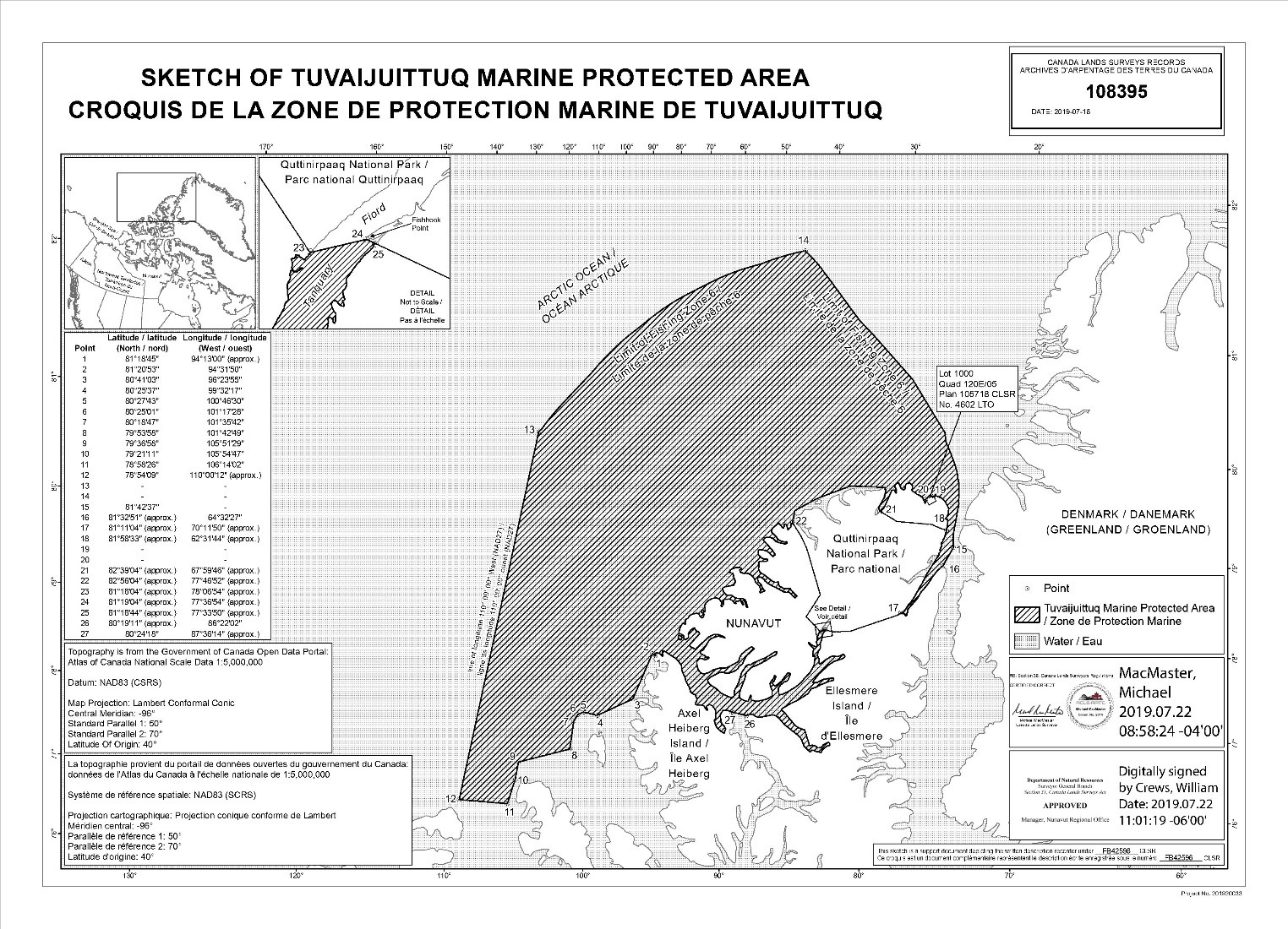Map of the Tuvaijuittuq Marine Protected Area depicted using black diagonal lines. The coordinates of the marine protected area can be found on the left side. 