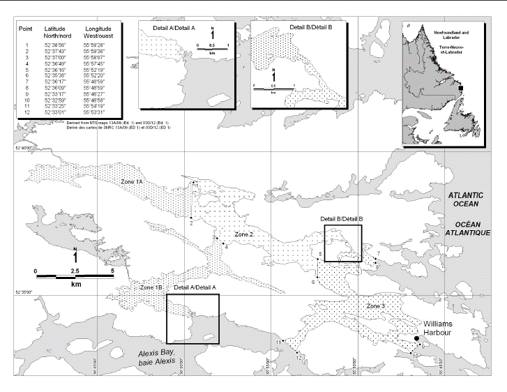 Map of the Gilbert Bay Marine Protected Area, depicting the various zones within it in different dot patterns. 