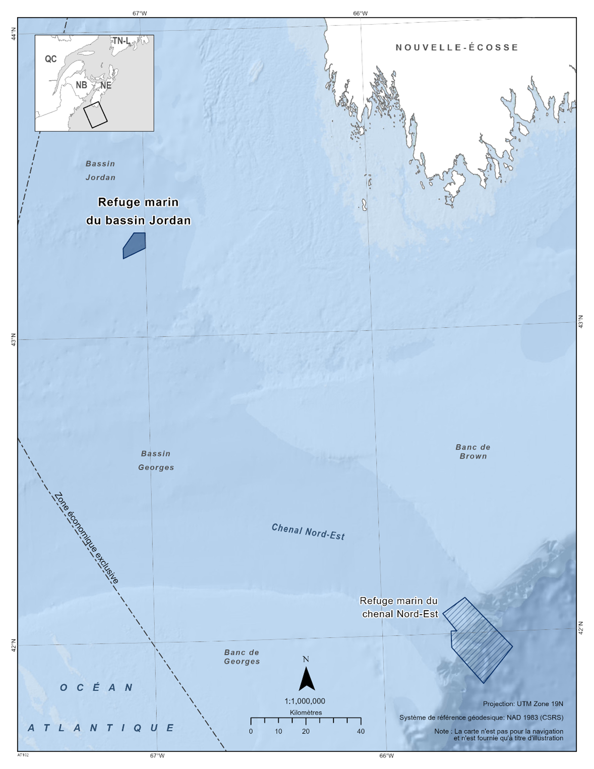 Carte du refuge marin du bassin Jordan en bleu foncé. La carte présente également les refuges marins à proximité avec des lignes diagonales bleu foncé (refuge marin du chenal Nord-Est). 