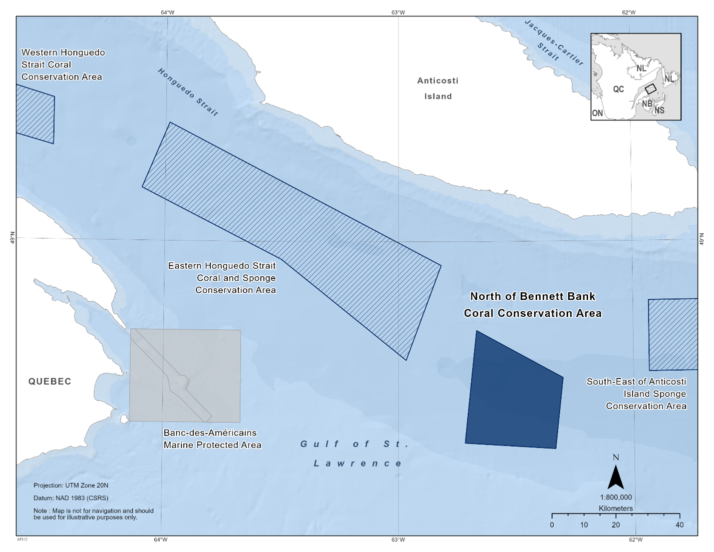 Map of the North of Bennett Bank Coral Conservation Area depicted in dark blue. The map also features the marine refuges nearby with dark blue diagonal lines (Western Honguedo Strait Coral Conservation Area, Eastern Honguedo Strait Coral and Sponge Conservation Area, South-East of Anticosti Island Sponge Conservation Area).