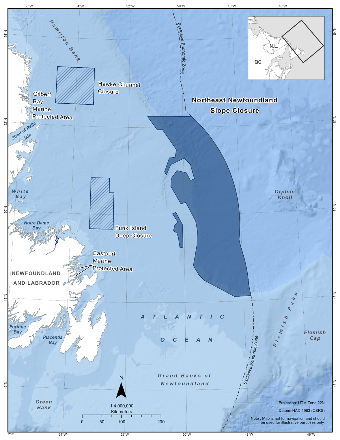 Map of the Northeast Newfoundland Slope Closure in dark blue. The map also features other marine refuges nearby with dark blue diagonal lines (Hawke Channel Closure & Funk Island Deep Closure).