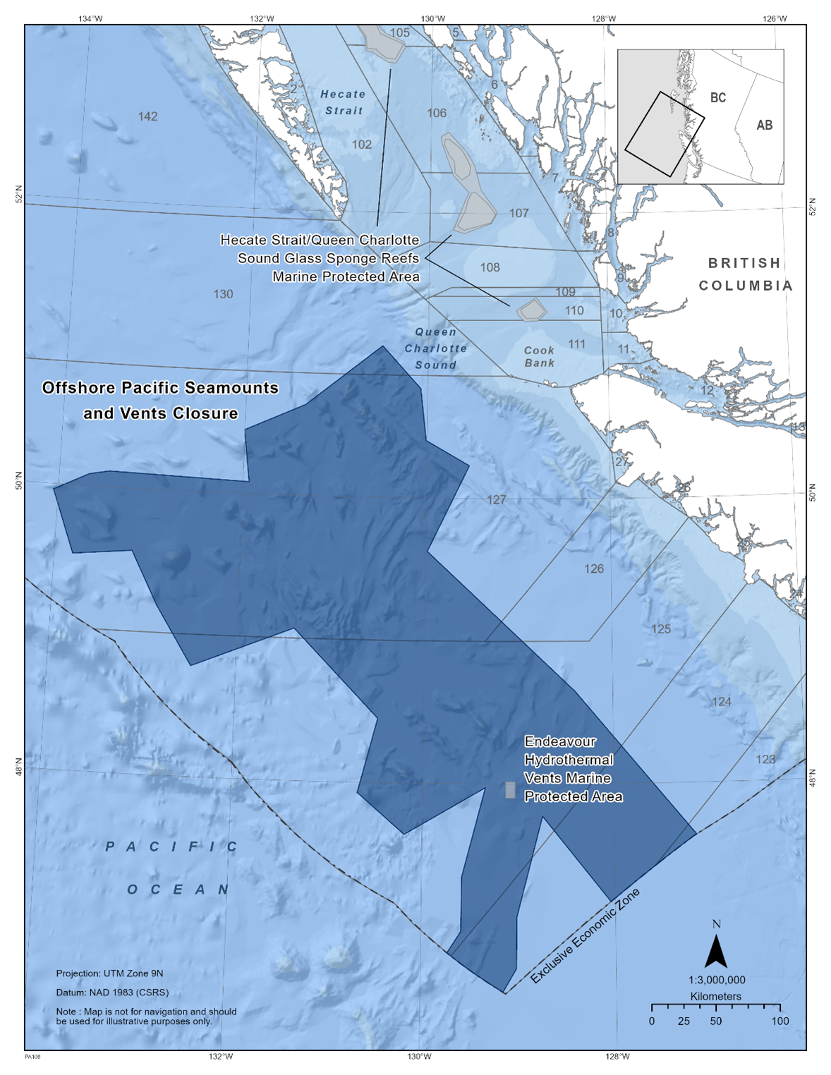 Map of the Offshore Pacific Seamounts and Vents Closure in dark blue. 
