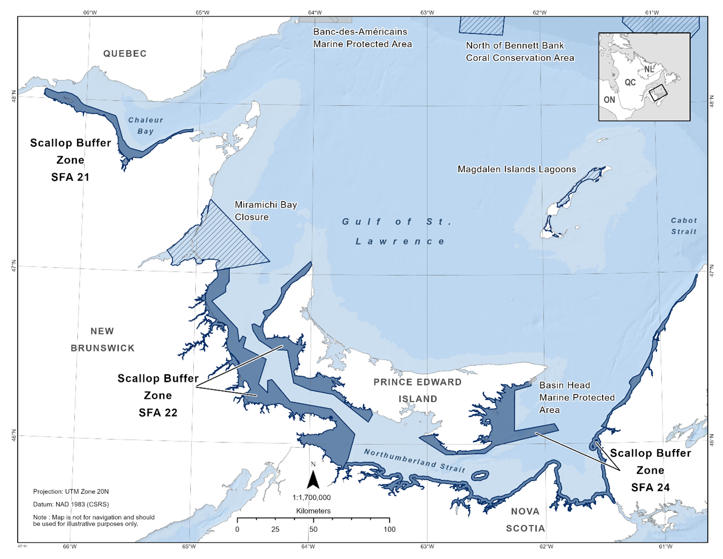 Map of the Scallop Buffer Zone SFA 21, SFA 22, and SFA 24 depicted in dark blue. The map also includes the other marine refuges nearby with dark blue diagonal lines (North of Bennett Bank Coral Conservation Area, Magdalen Islands Lagoons, Miramichi Bay).
