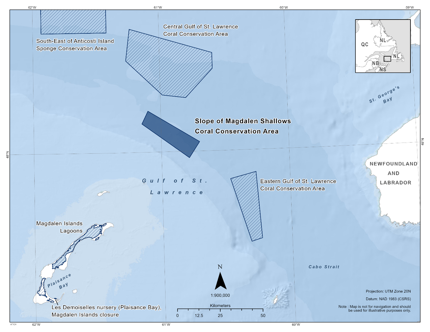 Map of the Slope of Magdalen Shallows Coral Conservation Area depicted in dark blue. The map also includes the marine refuges nearby with dark blue diagonal lines (South-East of Anticosti Island Sponge Conservation Area, Central Gulf of St. Lawrence Coral Conservation Area, Eastern Gulf of St. Lawrence Coral Conservation Area, Magdalen Islands Lagoons closure).