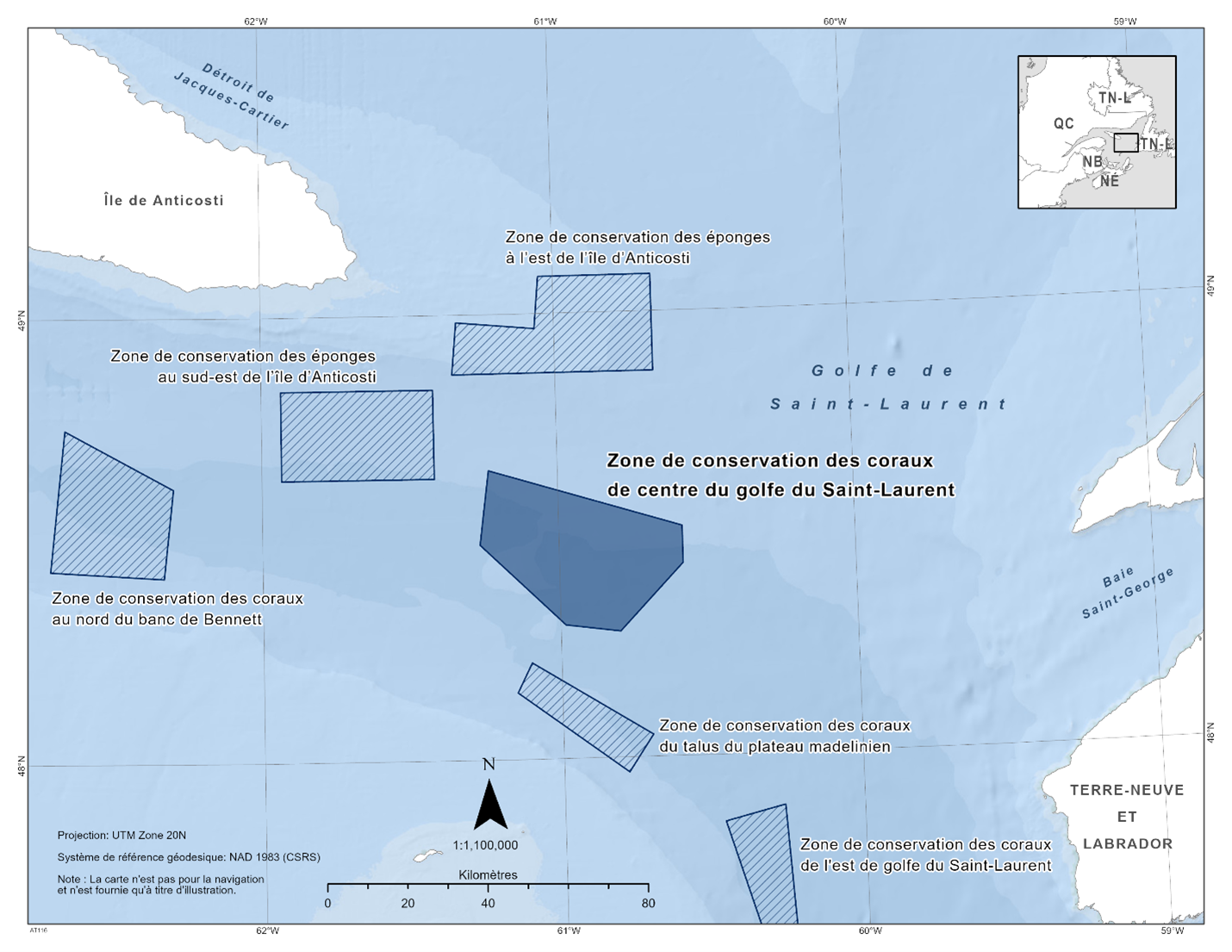 Carte de la zone de conservation des coraux du centre du golfe du Saint-Laurent en bleu foncé. La carte présente également les autres refuges marins à proximité avec des lignes diagonales bleu foncé (zone de conservation de l'éponge de l'est de l'île d'Anticosti, zone de conservation de l'éponge du sud-est de l'île d'Anticosti, zone de conservation du corail du nord du banc de Bennett, zone de conservation du corail du talus des hauts-fonds de la Madeleine et zone de conservation du corail de l'est du golfe du Saint-Laurent). 