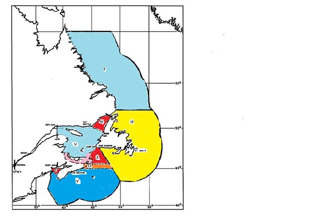 Carte montrant les couleurs pour distinguer les zones de contrôle des glaces individuelles à l'est du Canada allant de Terre-Neuve à la Nouvelle-Écosse et englobant le Golfe du Saint-Laurent.