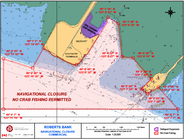Carte de fermeture de navigation  Carte de Deltaport et du terminal ferry de Tsawwassen montrant la zone fermée à la pêche au crabe.