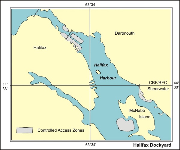 A maritime chart showing the 200m boundaries of controlled access zones within Halifax Harbour