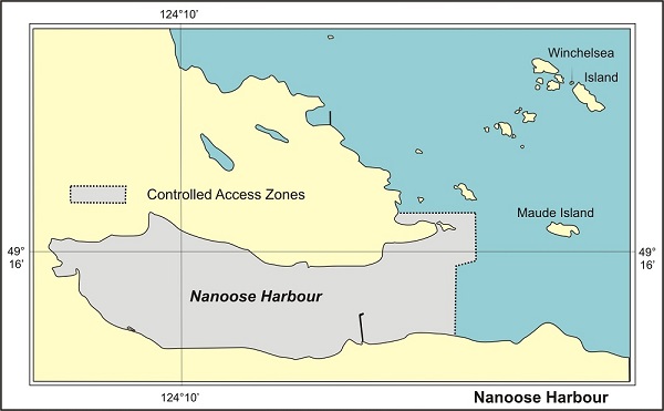 A maritime chart showing the boundaries of controlled access zones within Nanoose Harbour